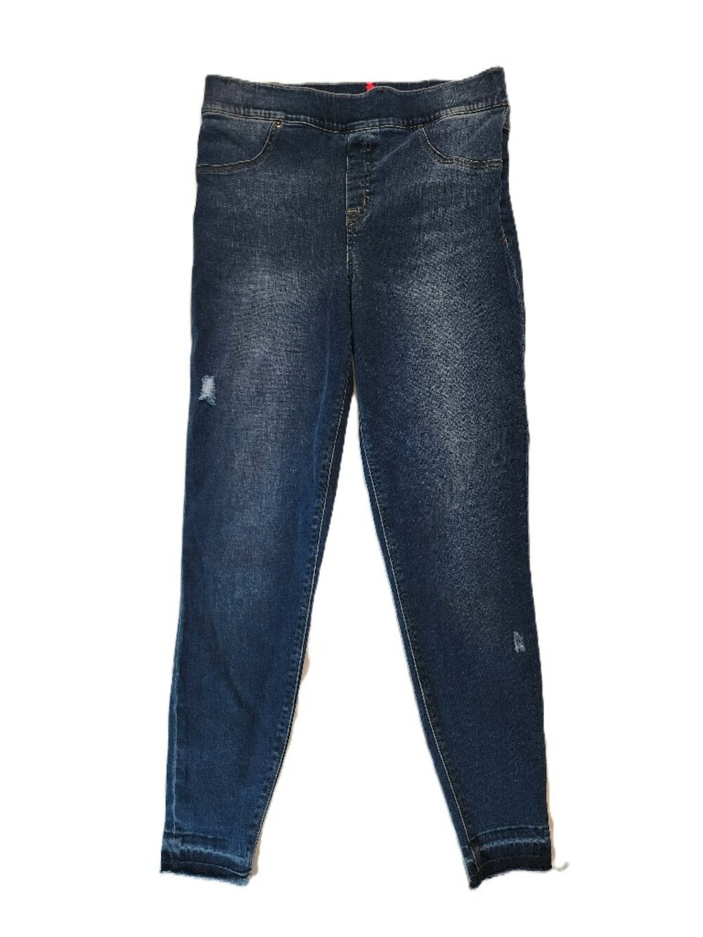 SPANX Distressed Skinny Jeans Dark Wash Pull-On Raw Hem Large L Blue Denim